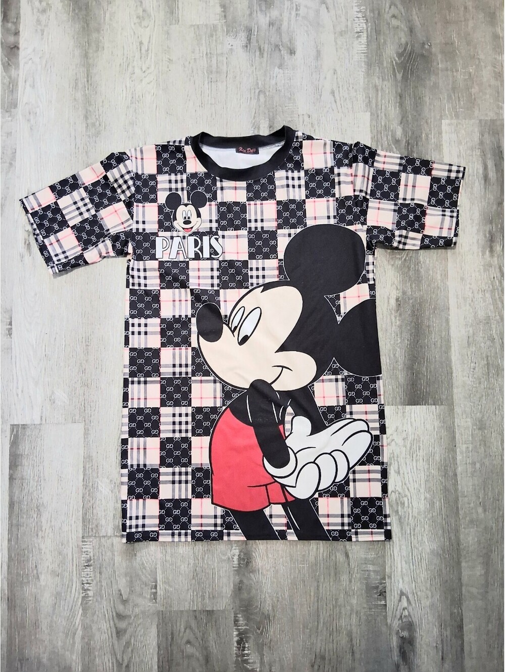 Mickey Mouse Paris Lg Multi-Pattern Plaid Monogram Graphic Short Sleeve Shirt